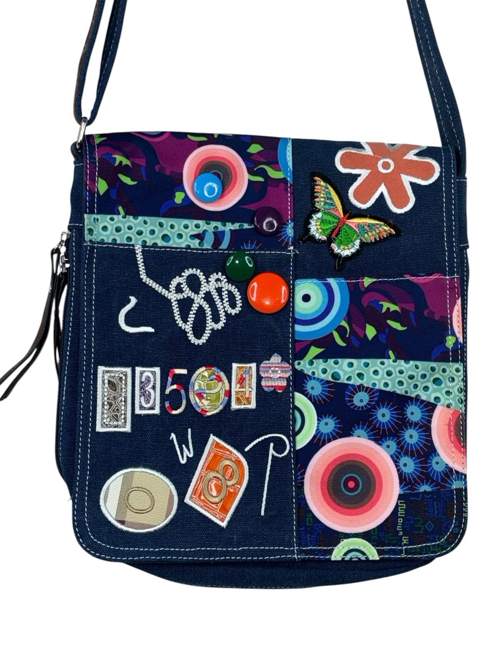 Y2K Patchwork Denim With Embroidered Appliqués & Decorative Button Messenger Bag